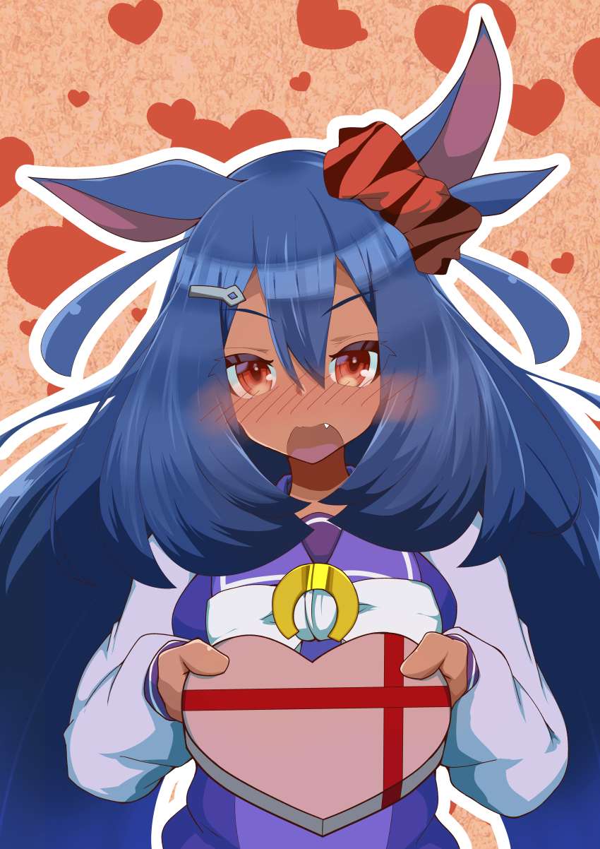 1girl absurdres animal_ears asahiruyou blue_hair blush bow box chocolate commentary_request dark-skinned_female dark_skin ear_ornament fang hair_ornament hairclip heart heart-shaped_box highres hishi_amazon_(umamusume) horse_ears horse_girl horse_tail long_hair open_mouth pleated_skirt purple_serafuku purple_shirt purple_skirt red_eyes sailor_collar school_uniform serafuku shirt simple_background skirt solo tail tracen_school_uniform umamusume upper_body valentine very_long_hair white_bow winter_uniform