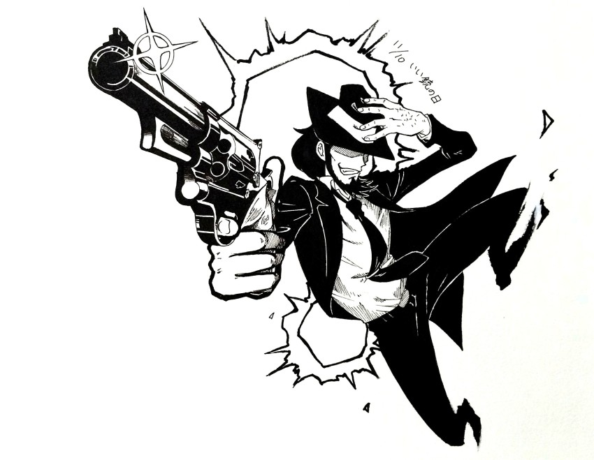 1boy beard black_hair black_headwear black_jacket black_pants dated facial_hair glint grin gun hand_on_headwear highres holding holding_gun holding_weapon jacket jigen_daisuke long_sleeves lupin_iii male_focus monochrome necktie pants simple_background smile solo teko_kijibato traditional_media weapon white_background