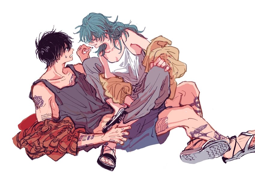 1boy 1girl akao_rion arm_tattoo black_eyes black_hair blue_hair blue_shorts brown_jacket chest_tattoo cigarette closed_eyes frown full_body grey_pants grey_tank_top highres holding holding_cigarette jacket leg_tattoo long_hair nagumo_(sakamoto_days) neuchimonai off_shoulder open_mouth pants profile sakamoto_days sandals short_hair shorts simple_background sitting smile sweatdrop tank_top tattoo white_background white_footwear white_tank_top