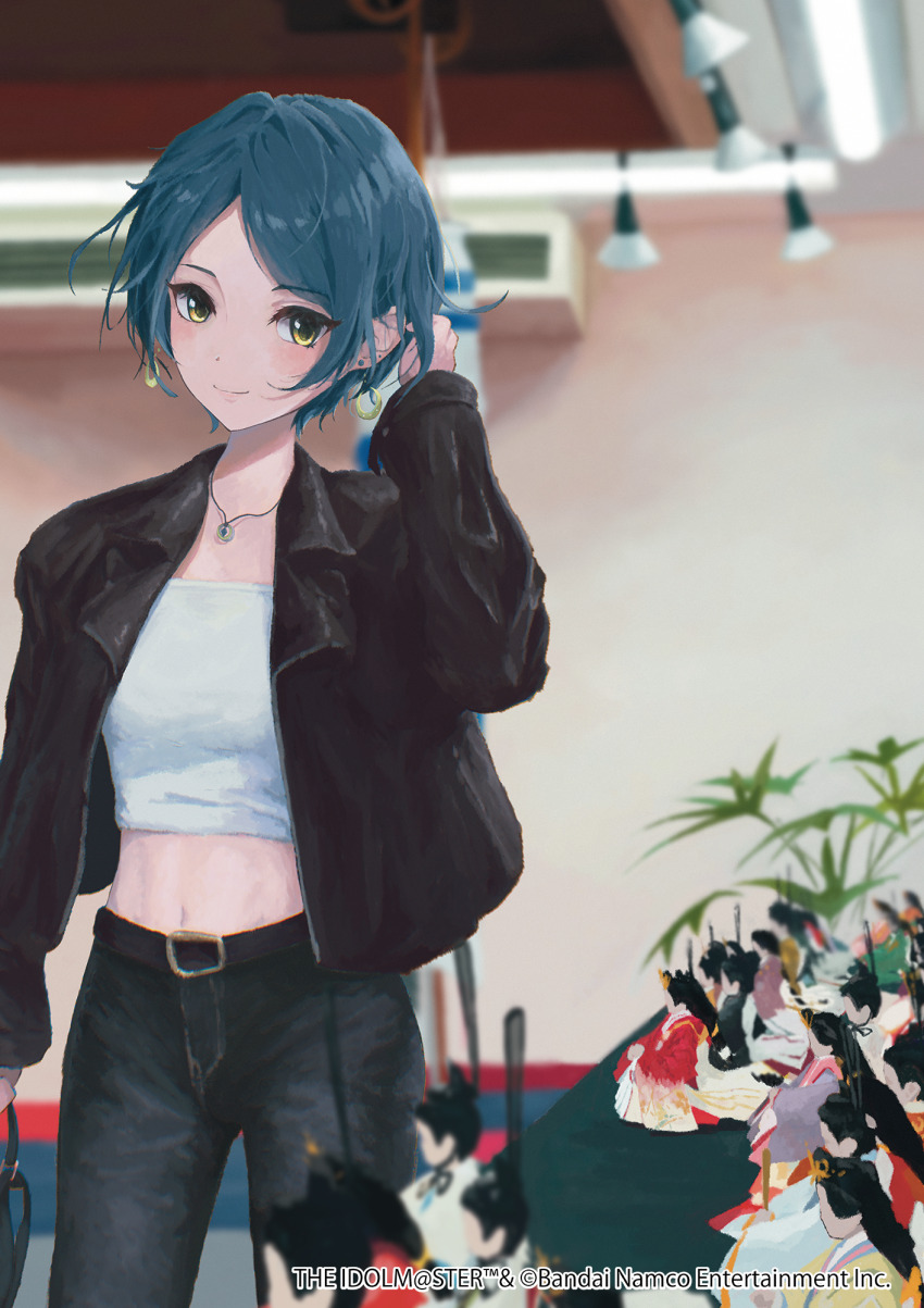 1girl belt black_jacket black_pants blue_hair blurry blurry_background breasts closed_mouth commentary_request copyright_name copyright_notice cowboy_shot cropped_shirt doll fragments_of_the_idolmaster_cinderella_girls hand_up hayami_kanade highres hina_ningyou idolmaster idolmaster_cinderella_girls jacket jewelry lamp long_sleeves looking_at_viewer medium_breasts midriff necklace official_art open_clothes open_jacket pants parted_bangs saisho_(qpoujr) second-party_source shirt short_hair smile solo standing white_shirt yellow_eyes