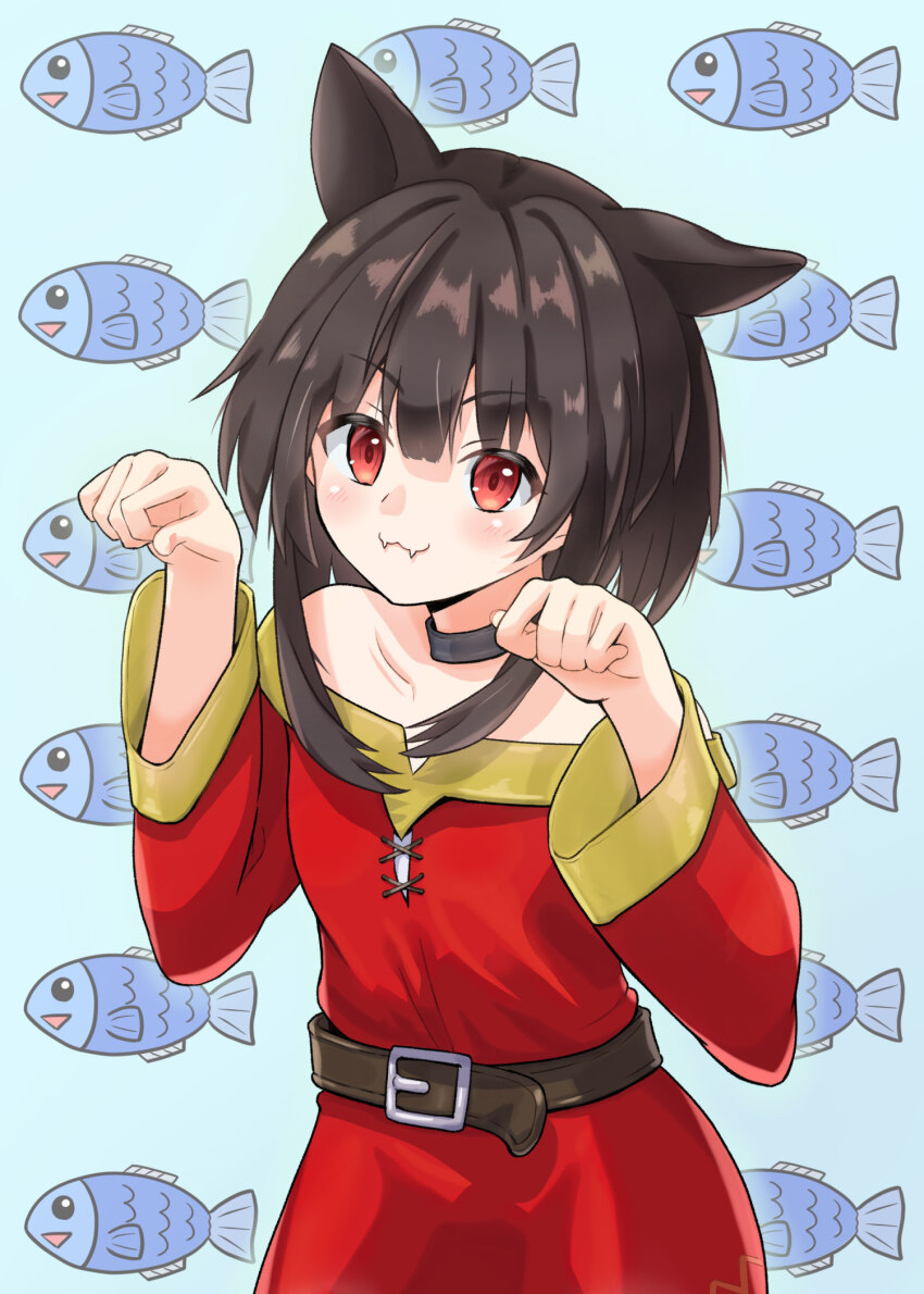 1girl :3 animal_ears bare_shoulders belt black_choker black_hair blue_background cat_ears cat_girl choker closed_mouth cowboy_shot dress fangs fish fish_background highres kono_subarashii_sekai_ni_shukufuku_wo! light_blush long_hair looking_at_viewer megumin paw_pose red_dress red_eyes seiya_yuu three-quarter_sleeves solo wide_sleeves