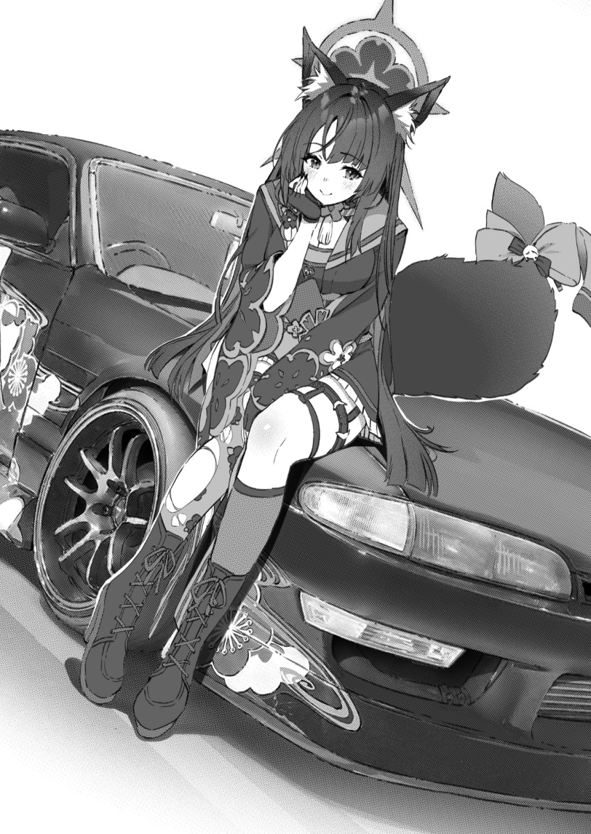 1girl animal_ear_fluff animal_ears between_legs black_footwear black_kimono blue_archive boots car floral_print flower_sticker fox_ears fox_girl fox_tail hair_between_eyes hand_between_legs head_on_hand high_heel_boots high_heels highres itasha japanese_clothes jun_project kimono kneehighs long_hair motor_vehicle nissan nissan_silvia nissan_silvia_s14 on_car ribbon sailor_collar sash single_kneehigh single_sock single_thighhigh sitting smile socks tail tail_ornament tail_ribbon thigh_strap thighhighs wakamo_(blue_archive)