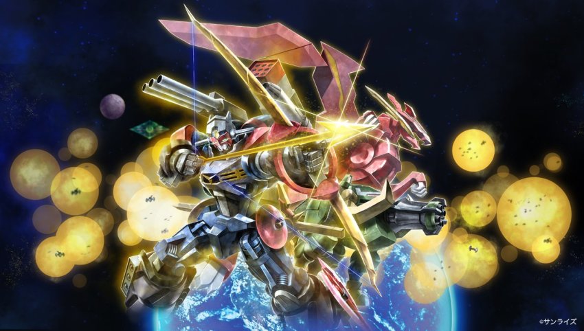 as&#039;maria bow dendou dragon_flare explosion floating gatling_boar gear_senshi_dendou glowing glowing_eyes green_eyes holding holding_bow_(ornament) mecha missile_pod no_humans official_art open_mouth planet robot science_fiction shoulder_cannon space super_robot