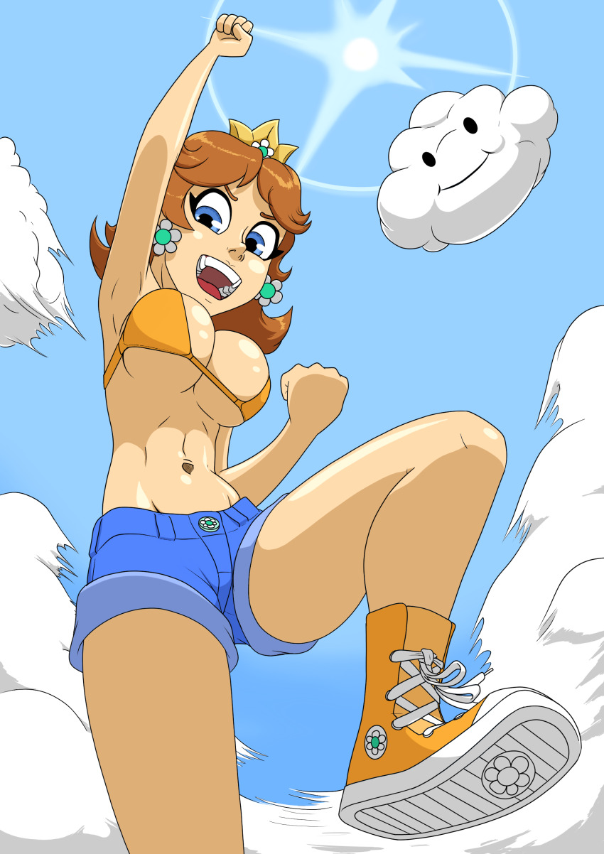 1girl absurdres biokinton blue_eyes breasts brown_hair cameltoe cleavage cloud crown earrings flower_earrings grin hand_up highres jewelry jumping large_breasts legs looking_at_viewer looking_down mario_(series) midriff navel nintendo open_mouth princess_daisy shiny_skin shoes shorts sky smile sun super_mario_land thighs tomboy