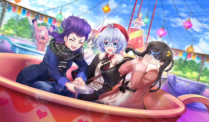 5girls :d @_@ ^_^ amusement_park aqua_eyes arms_up belt black_hair black_jacket blue-framed_eyewear blue_hair blue_jacket blue_pants braid brown_belt cinderella_series closed_eyes cloud collared_shirt covering_own_mouth game_cg glasses hachigatsu_no_cinderella_nine hair_ornament hairclip hanayama_emi hase_maria hat highres izumida_kyouka jacket kawakita_tomoe lens_flare light_blue_hair long_hair motion_blur motion_lines multiple_girls nagai_kanako non-web_source official_alternate_hairstyle official_art open_mouth outdoors outstretched_arms pants parted_bangs pink_hair pink_jacket pompadour purple_hair red_hat semi-rimless_eyewear shirt short_hair single_braid sky smile speed_lines spinning_teacup sweatdrop sweater teeth turn_pale under-rim_eyewear upper_teeth_only white_shirt white_sweater