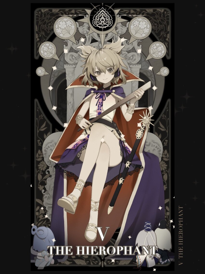 4girls black_background blonde_hair blue_hair bracer brown_eyes cape card_(medium) commentary crossed_legs dress earmuffs full_body green_hair grey_hair hair_ears hat highres holding_baton kaku_seiga looking_at_viewer mononobe_no_futo multiple_girls purple_cape rcs_4 red_cape ritual_baton short_hair smile soga_no_tojiko sword tarot tarot_(medium) tate_eboshi the_hierophant_(tarot) touhou toyosatomimi_no_miko two-sided_cape two-sided_fabric weapon