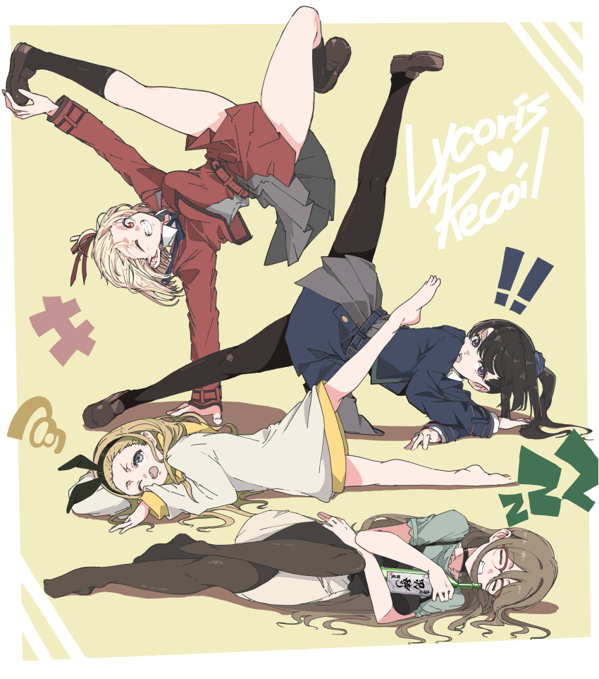 ! !! 4girls absurdres barefoot black_hair black_hairband black_outline black_pantyhose black_socks blonde_hair blue_dress blush border bottle bow_hairband breakdance brown-framed_eyewear brown_dress brown_hair brown_pantyhose brown_shoes closed_mouth convenient_skirt dress english_text feet forehead glasses green_shirt grey_dress grey_eyes grin hair_ribbon hairband hand_up handstand highres hood hood_down inoue_takina kneehighs kurumi_(lycoris_recoil) leg_lift legs loafers long_hoodie long_sleeves looking_at_viewer lycoris_recoil lycoris_uniform lying multiple_girls nakahara_mizuki nishikigi_chisato on_side one_arm_handstand one_eye_closed outline outside_border pantyhose panyatteria pencil_skirt pleated_dress ponytail purple_eyes red_dress red_eyes red_ribbon ribbon sake_bottle semi-rimless_eyewear shirt shoes short_hair short_sleeves skirt sleeping smile socks thighs toes white_border white_skirt yellow_background zzz