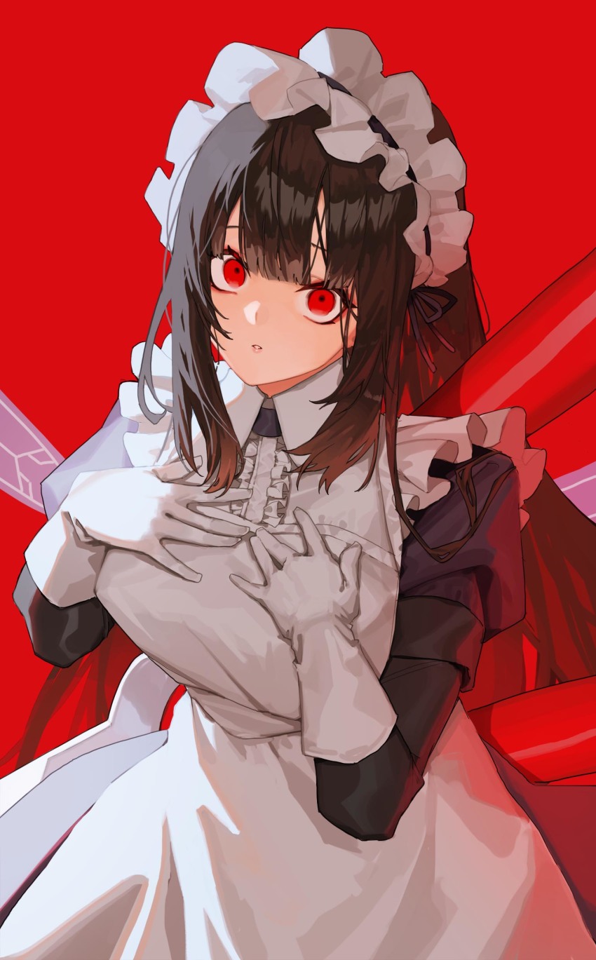 1girl absurdres apron blunt_bangs breasts brown_hair frilled_apron frills gloves hands_on_own_chest highres last_origin long_hair looking_at_viewer maid maid_apron maid_headdress red_background red_eyes sanpaku scissors_lise simple_background solo tunamayo_(dsasd751) white_apron white_gloves wide-eyed yandere