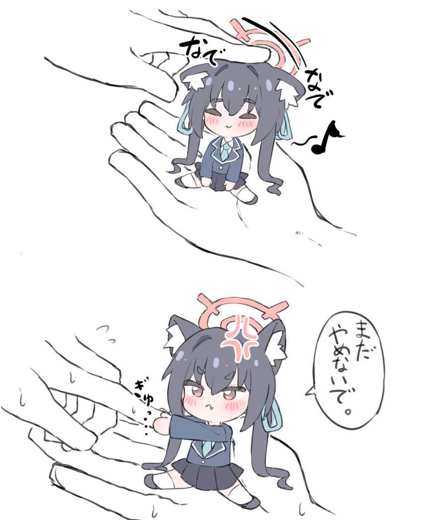 1girl 1other :&gt; :&lt; anger_vein animal_ear_fluff animal_ears black_hair black_shoes black_skirt blue_archive blue_jacket blue_necktie blush cat_ears chibi closed_eyes closed_mouth collared_shirt commentary_request fang fang_out hair_between_eyes halo headpat highres in_palm jacket long_hair mini_person minigirl necktie norippe_(user_zgsf8872) pleated_skirt red_eyes sensei_(blue_archive) serika_(blue_archive) shirt shoes simple_background sitting skirt socks translation_request twintails very_long_hair white_background white_shirt white_socks