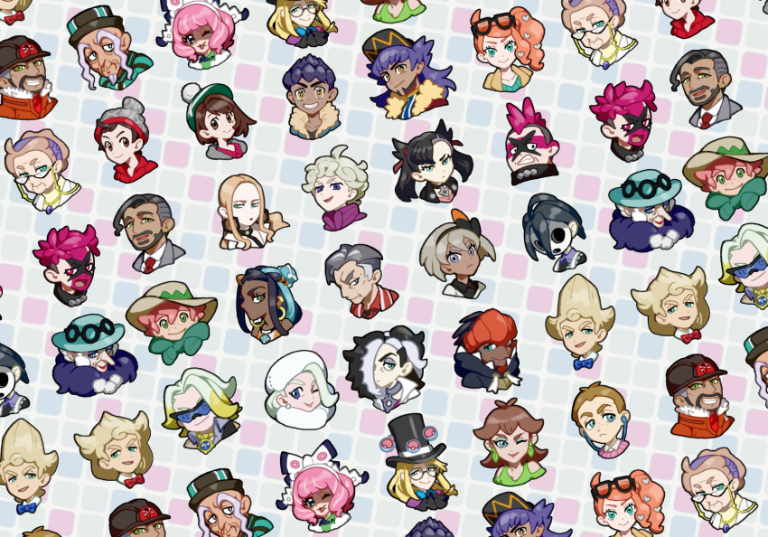 6+boys 6+girls ahoge allister_(pokemon) asymmetrical_bangs avery_(pokemon) bad_id bad_pixiv_id baseball_cap bea_(pokemon) beanie bede_(pokemon) black_hair black_hairband black_headwear black_jacket blonde_hair blue_headwear bow_hairband champion_uniform choker clenched_teeth closed_mouth collarbone commentary_request curly_hair dark-skinned_female dark-skinned_male dark_skin earrings expedition_uniform eyelashes eyewear_on_head facepaint facial_hair freckles fur-trimmed_jacket fur_hat fur_trim game_freak glasses gloria_(pokemon) gordie_(pokemon) green_eyes green_headwear grey_choker grey_headwear hair_between_eyes hair_bun hairband hat helmet highres honey_(pokemon) hop_(pokemon) hyde_(pokemon) jacket jewelry kabu_(pokemon) klara_(pokemon) komame_(st_beans) leon_(pokemon) long_eyebrows long_hair looking_at_viewer magnolia_(pokemon) marnie_(pokemon) mask melony_(pokemon) milo_(pokemon) mole mole_under_mouth multicolored_hair multiple_boys multiple_girls mustard_(pokemon) necklace nessa_(pokemon) nintendo oleana_(pokemon) one_eye_closed opal_(pokemon) open_mouth orange_hair orange_headwear orange_jacket peony_(pokemon) piers_(pokemon) pink_hair pokemon pokemon_swsh popped_collar purple_hair raihan_(pokemon) red_shirt rose_(pokemon) scarf shielbert_(pokemon) shirt short_hair side_ponytail sidelocks silver_hair single_hair_bun smile smug sonia_(pokemon) sordward_(pokemon) sun_hat sunglasses tam_o&#039;_shanter team_yell_grunt teeth two-tone_hair undercut victor_(pokemon) white_headwear