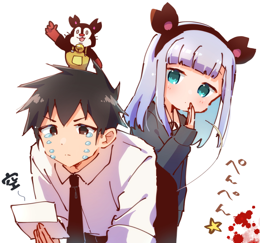 1boy 1girl aharen-san_wa_hakarenai aharen_reina aqua_eyes black_hair black_hairband black_necktie collared_shirt commentary_request hairband highres long_hair matsuboshi_raidou necktie nyaa_(nnekoron) purple_hair school_uniform shirt short_hair simple_background tears translation_request white_background white_shirt