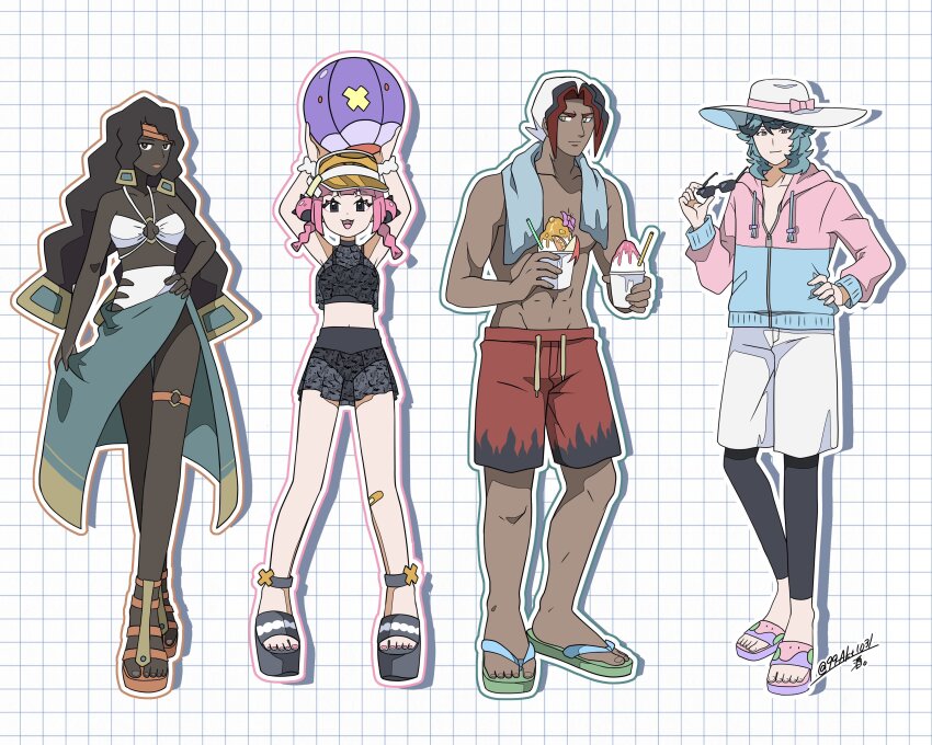 2boys 2girls 99akt1031 abs absurdres alternate_costume arms_up bikini black_leggings chalce_(pokemon) character_print coral_(pokemon) dark-skinned_female dark_skin drifblim drinking_straw food gen_4_pokemon grid_background hand_on_own_hip hat highres holding hood hood_down knees leggings long_hair male_swimwear multiple_boys multiple_girls nintendo pink_hair platform_footwear pokemon pokemon_(anime) pokemon_horizons sarong scrunchie shaved_ice short_twintails shorts sidian_(pokemon) spinel_(pokemon) swim_trunks swimsuit toes towel towel_around_neck twintails visor_cap white_bikini white_hat white_shorts wrist_scrunchie