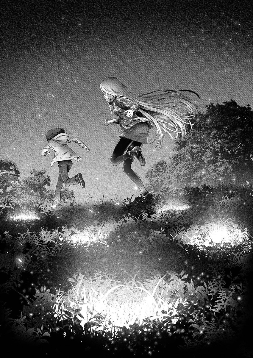 2girls denim from_behind grass greyscale highres hood hoodie jeans kamikoshi_sorawo landscape long_hair monochrome multiple_girls night night_sky nishina_toriko novel_illustration official_art pants pantyhose plant running shirakaba sky tree urasekai_picnic