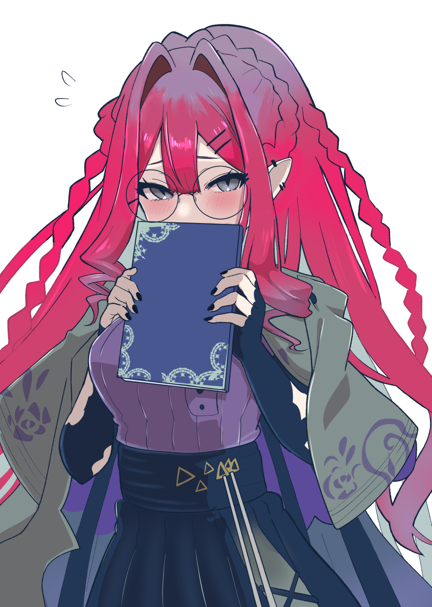 1girl absurdres baobhan_sith_(fate) baobhan_sith_(swimsuit_pretender)_(fate) baobhan_sith_(swimsuit_pretender)_(second_ascension)_(fate) black_nails black_skirt blush book breasts capelet covering_own_mouth ear_piercing fate/grand_order fate_(series) glasses grey_capelet grey_eyes highres holding holding_book long_hair long_sleeves looking_at_viewer piercing pink_hair pointy_ears purple_shirt round_eyewear sheyona shirt sidelocks skirt solo white_background