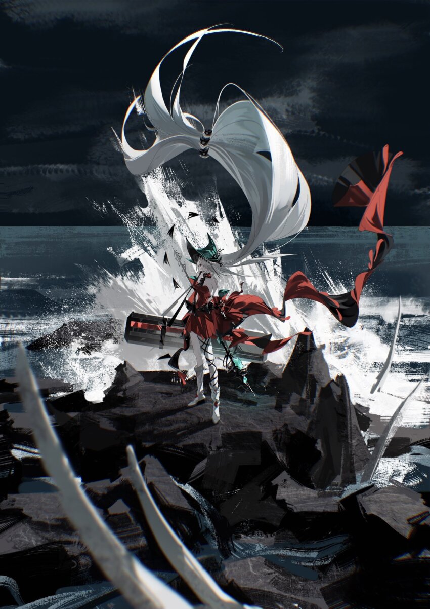 1girl angelfish aqua_headwear arknights bare_shoulders bone detached_sleeves dress fish floating_hair highres holding holding_staff long_hair looking_at_viewer low-tied_long_hair ocean red_dress rock sd2190392804 shore skadi_(arknights) skadi_the_corrupting_heart_(arknights) solo staff stormy_waters strapless strapless_dress very_long_hair water waves white_footwear white_hair wide_sleeves