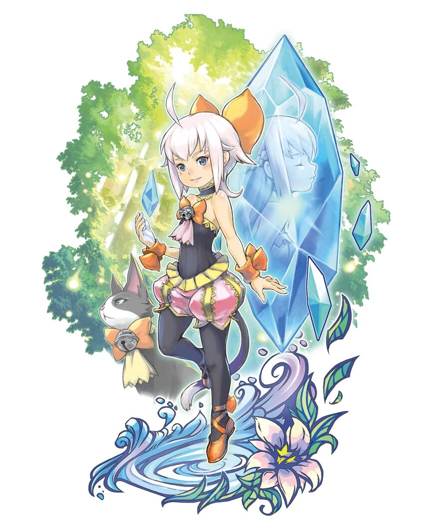 1girl ahegao artist_request bare_shoulders before_and_after bell black_fur black_pantyhose blue_eyes bodysuit bow braid cat_tail choker commentary_request crystal eyeshadow final_fantasy final_fantasy_crystal_chronicles final_fantasy_crystal_chronicles:_echoes_of_time flat_chest flower full_body highres jingle_bell leaf light_particles light_rays long_hair looking_at_viewer makeup medium_hair official_art orange_bow pantyhose parted_lips pink_eyeshadow pink_shorts puffy_shorts ribbon_choker sherlotta shorts sidelocks smile solo sunbeam sunlight tail two-tone_fur white_fur white_hair