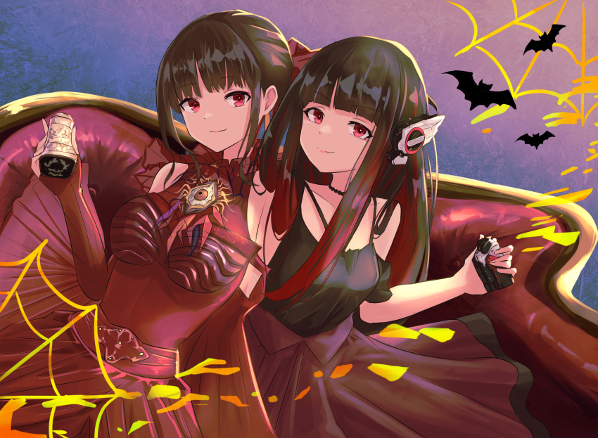 2girls absurdres aguilera_(kamen_rider_revice) android as_(kamen_rider_01) bat_(animal) black_camisole black_hair camisole clothing_cutout collarbone cycloneactionx dress hair_behind_ear headphones highres holding humagear_headphones kamen_rider kamen_rider_01_(series) kamen_rider_revice long_hair multicolored_hair multiple_girls red_dress red_eyes red_hair robot_ears shoulder_cutout silk smile spider_web streaked_hair tokusatsu v-shaped_eyebrows