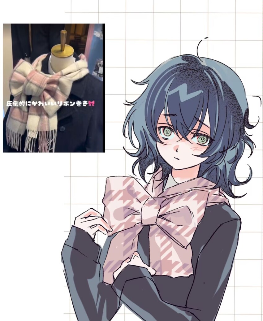 1girl @_@ black_hoodie blue_hair blush bow closed_mouth degrees_of_lewdity freesia_quan green_eyes grey_background highres hood hoodie kylar_(degrees_of_lewdity) kylar_(female)_(degrees_of_lewdity) looking_at_viewer medium_hair multicolored_scarf pink_bow scarf scarf_bow shirt simple_background solo white_bow white_shirt