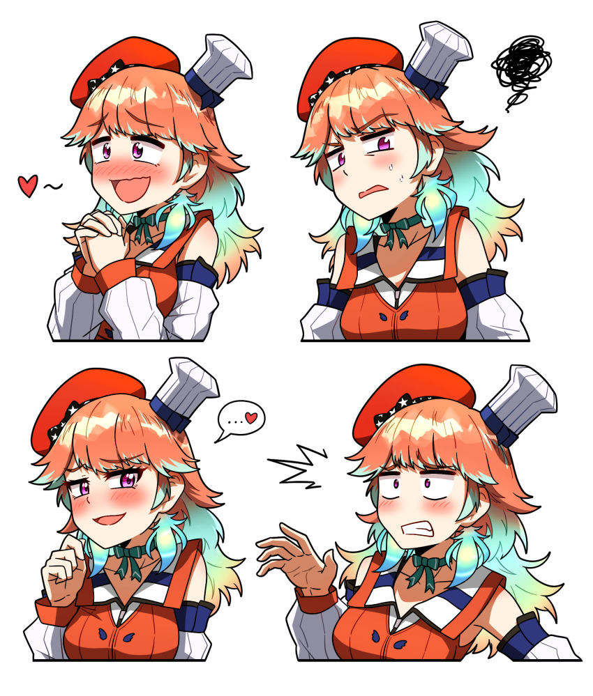 1girl ^^^ absurdres angry beret blush breasts buttons chef_hat choker colored_inner_hair commentary ddolbang detached_sleeves double-breasted earrings multiple_expressions feather_earrings feathers gradient_hair green_choker green_feathers green_hair hair_flaps hat heart highres hololive hololive_english jewelry long_hair medium_breasts mini_chef_hat multicolored_hair multiple_hats multiple_views orange_hair orange_hat orange_vest purple_eyes ribbed_sleeves ribbon_choker shirt simple_background sleeveless sleeveless_shirt spoken_heart spoken_squiggle squiggle sweatdrop takanashi_kiara takanashi_kiara_(1st_costume) transparent_background upper_body vest virtual_youtuber white_shirt