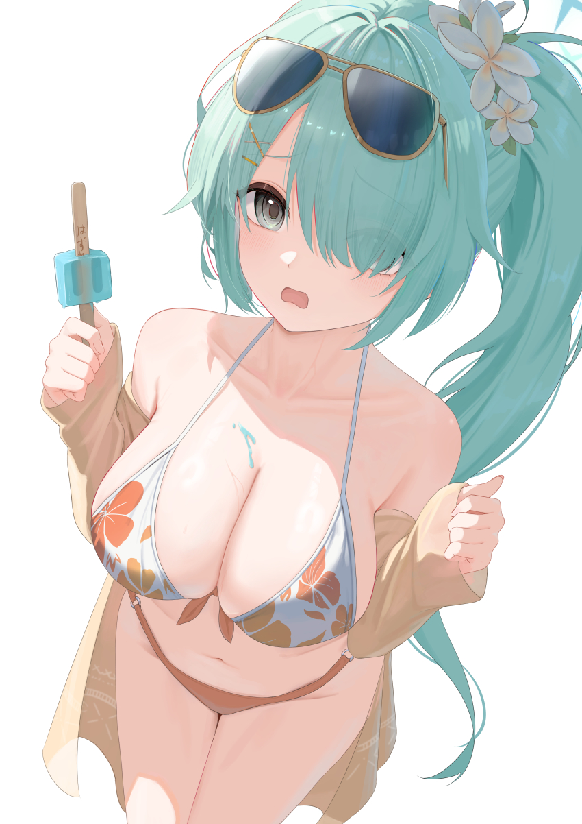 1girl absurdres bikini blue_archive breasts eyewear_on_head floral_print floral_print_bikini food from_above front-tie_bikini_top front-tie_top green_eyes green_hair hair_over_one_eye highres hiyori_(blue_archive) hiyori_(swimsuit)_(blue_archive) large_breasts long_hair mismatched_bikini multicolored_bikini orange_bikini pige_pig ponytail popsicle print_bikini solo sunglasses swimsuit