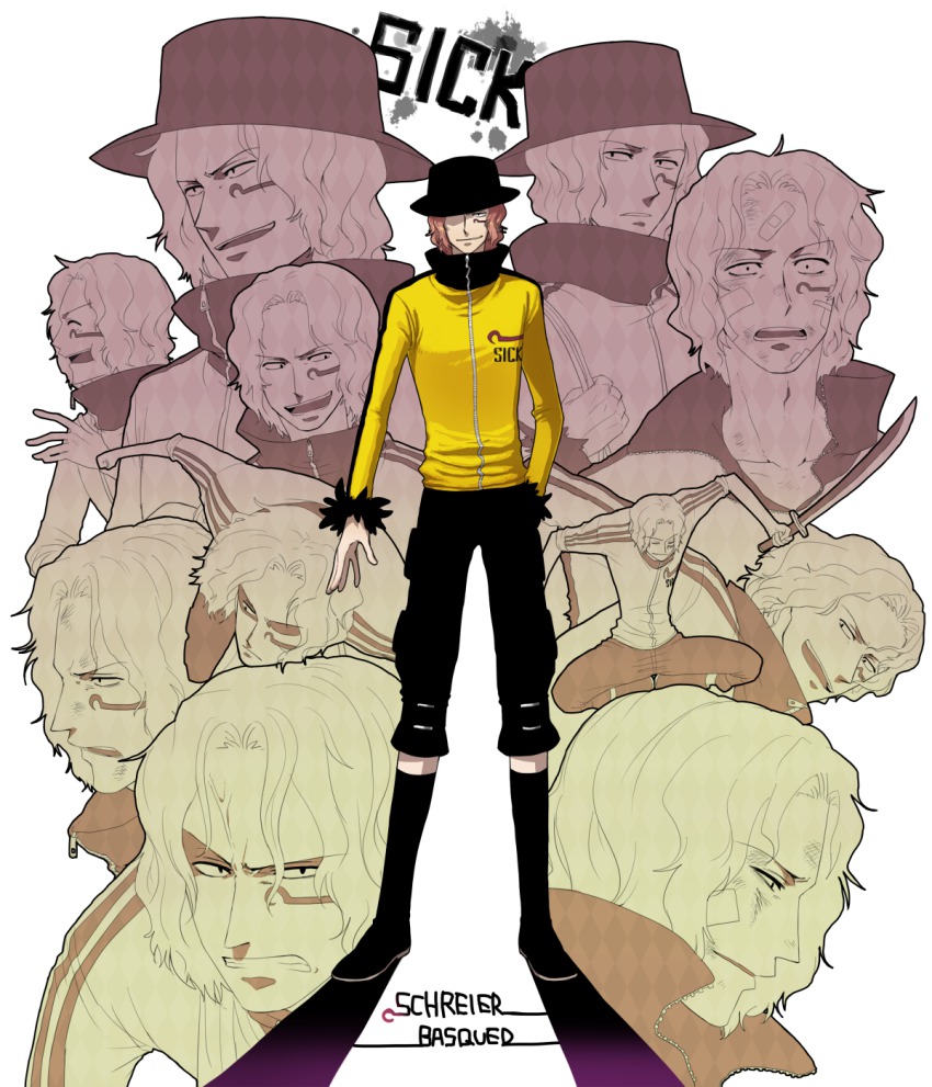 1boy bandaid black_hat boots character_name english_text facial_mark fur_trim hat highres itsuki_(nightlight) jacket looking_at_viewer male_focus one_piece one_piece:_dead_end_adventure pink_hair shuraiya_bascud smile solo sword weapon yellow_jacket