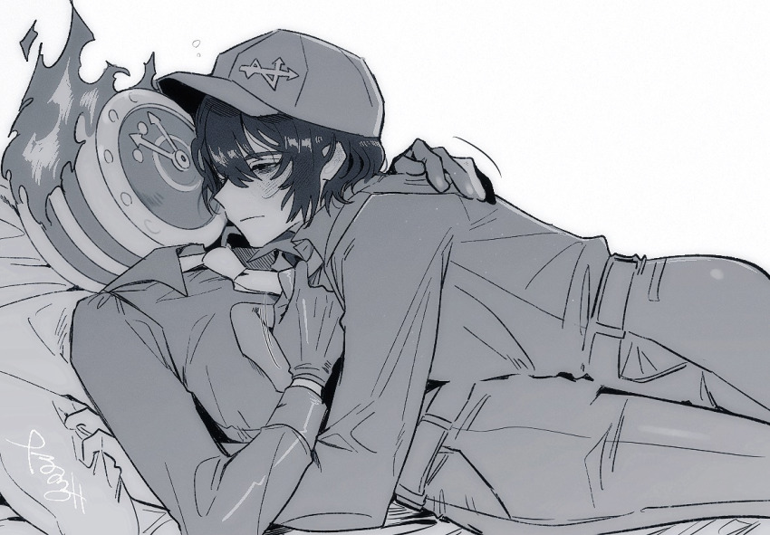 1boy 1other baseball_cap blush clock collared_shirt dante_(limbus_company) dress_shirt gloves greyscale hand_on_another&#039;s_back hat limbus_company lying lying_on_another monochrome necktie object_head on_back on_stomach other_with_male pants pillow project_moon shirt short_hair tama_launcher undoing_another&#039;s_necktie w_corp._(identity)_(project_moon) yi_sang_(project_moon)