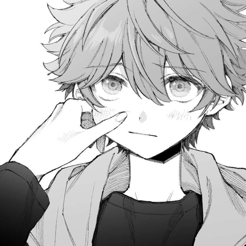 1boy akehoshi_subaru cheek_pinching closed_mouth crosshatching ensemble_stars! furrowed_brow greyscale hair_between_eyes hatching_(texture) highres jacket linear_hatching looking_at_viewer maki_keigo male_focus monochrome open_clothes open_jacket out_of_frame pinching portrait short_hair simple_background white_background