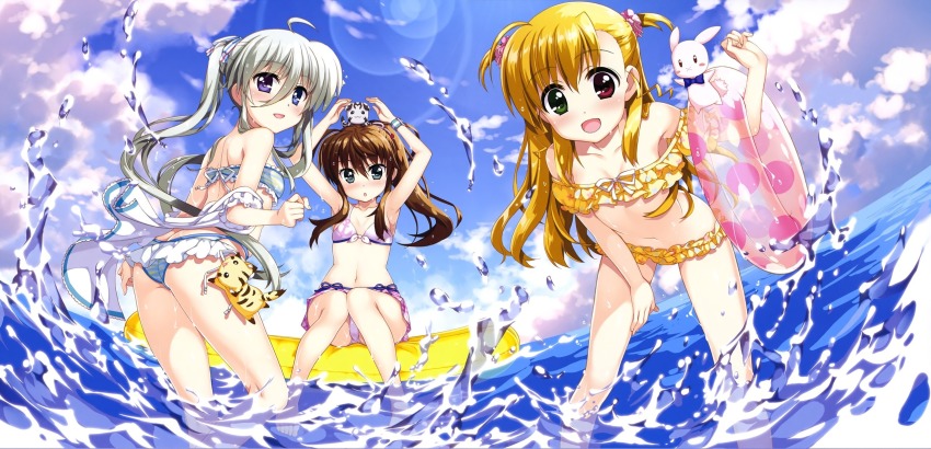 3girls bikini child einhard_stratos fujima_takuya fuka_reventon highres innertube looking_at_viewer lyrical_nanoha multiple_girls ocean official_art swim_ring swimsuit vivio