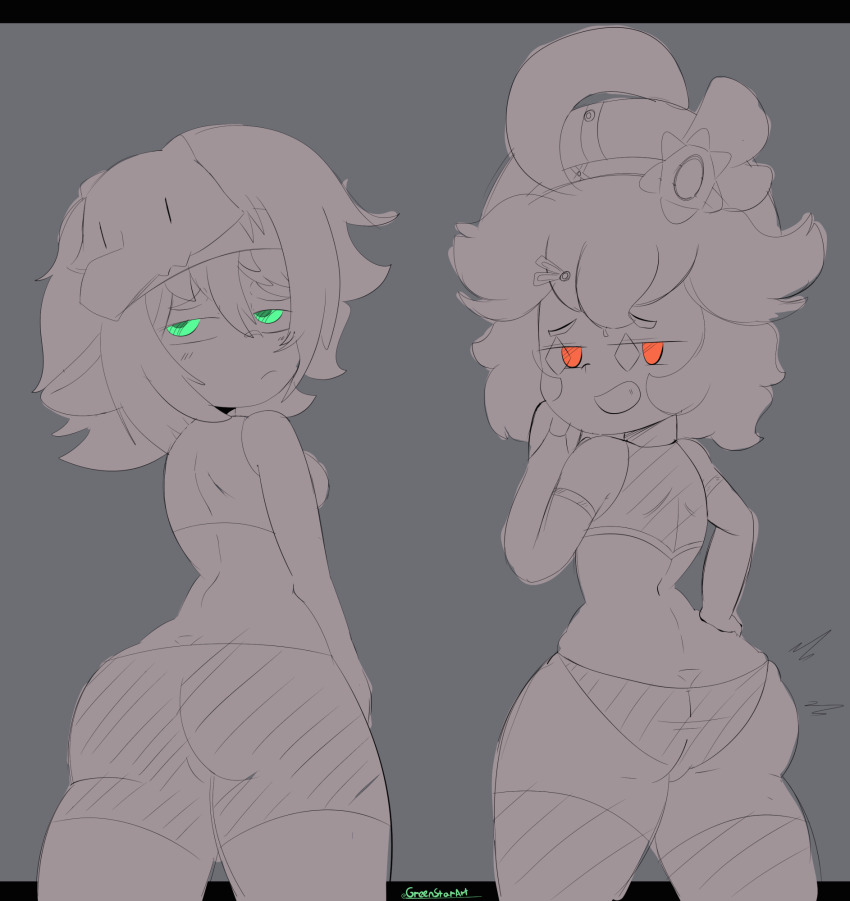 2girls animated animated_gif ass ass-to-ass ass_shake dori_(genshin_impact) genshin_impact green_eyes greenstar highres huge_ass iansan_(genshin_impact) multiple_girls orange_eyes panties shorts smug teasing thighhighs underwear