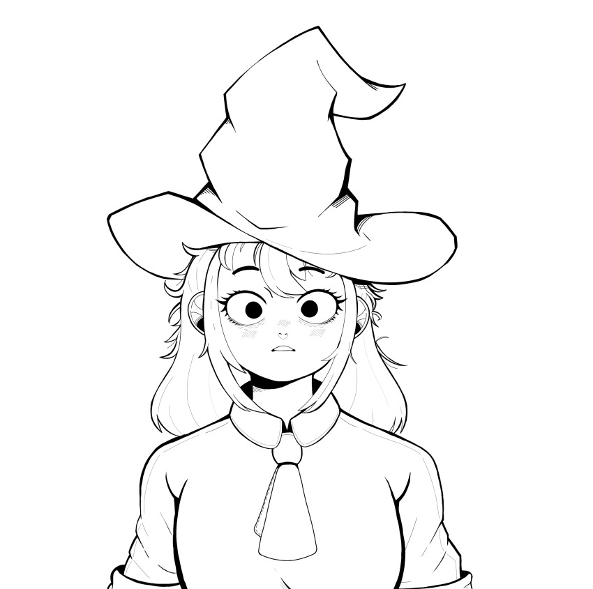 1girl absurdres asobi_asobase boringpudding breasts hat highres large_breasts lineart long_hair oka_ruu parted_lips school_uniform surprised witch_hat
