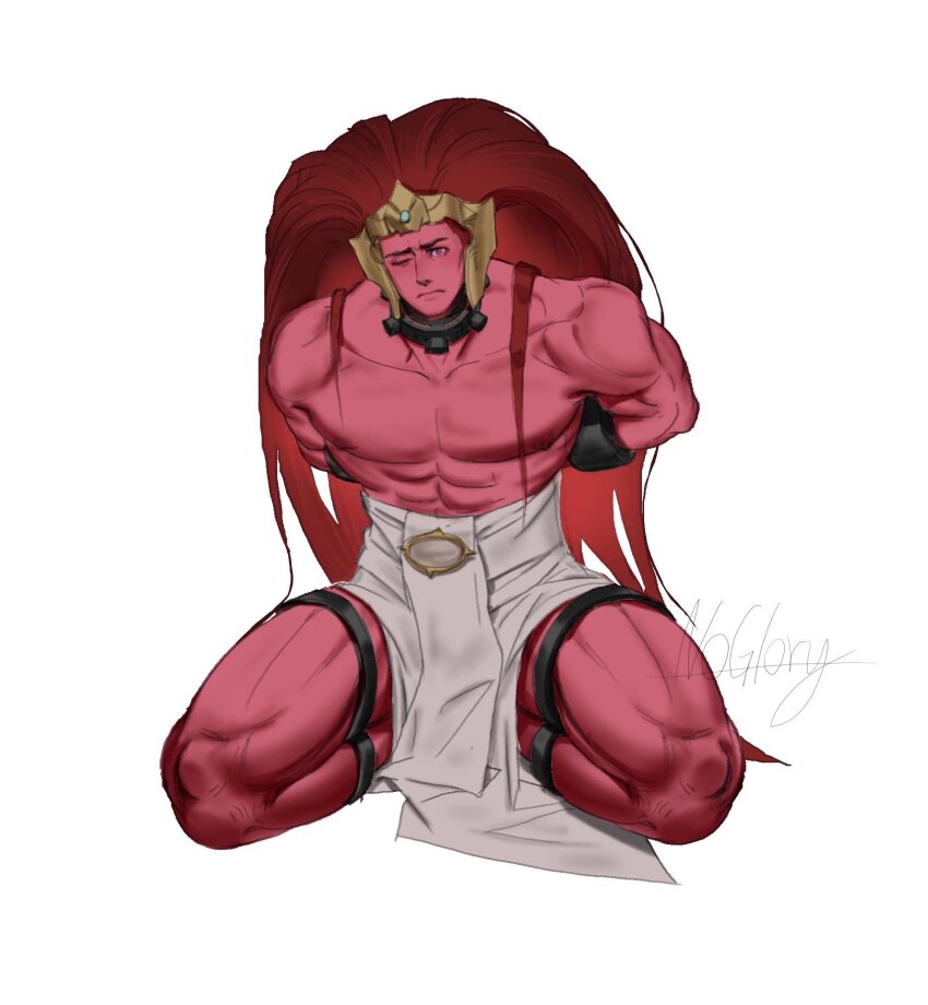 1boy abs ancient_egyptian_hat arms_behind_back artist_name bara bound bound_legs closed_mouth collar colored_skin commentary english_commentary forehead_protector full_body head_tilt highres kneeling large_pectorals light_blush long_hair looking_at_viewer magnus_the_red male_focus metal_collar missing_eye muscular muscular_male ng_hamburger nipples pectorals pelvic_curtain pink_eyes primarch prisoner red_hair red_skin restrained robe signature solo thick_eyebrows thighs thousand_sons toga topless_male very_long_hair warhammer_40k white_background white_robe