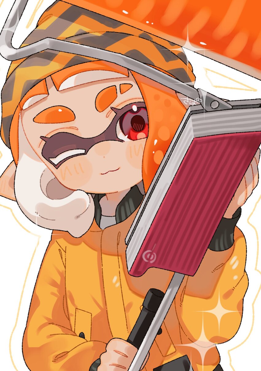 1girl ;3 beanie closed_mouth dot_nose eyebrow_cut flingza_roller_(splatoon) hat highres holding inkling inkling_girl inkling_player_character jacket light_blush long_sleeves looking_at_viewer nintendo one_eye_closed orange_hair orange_jacket pointy_ears red_eyes sabata_saba short_hair solo splatoon_(series) suction_cups tentacle_hair