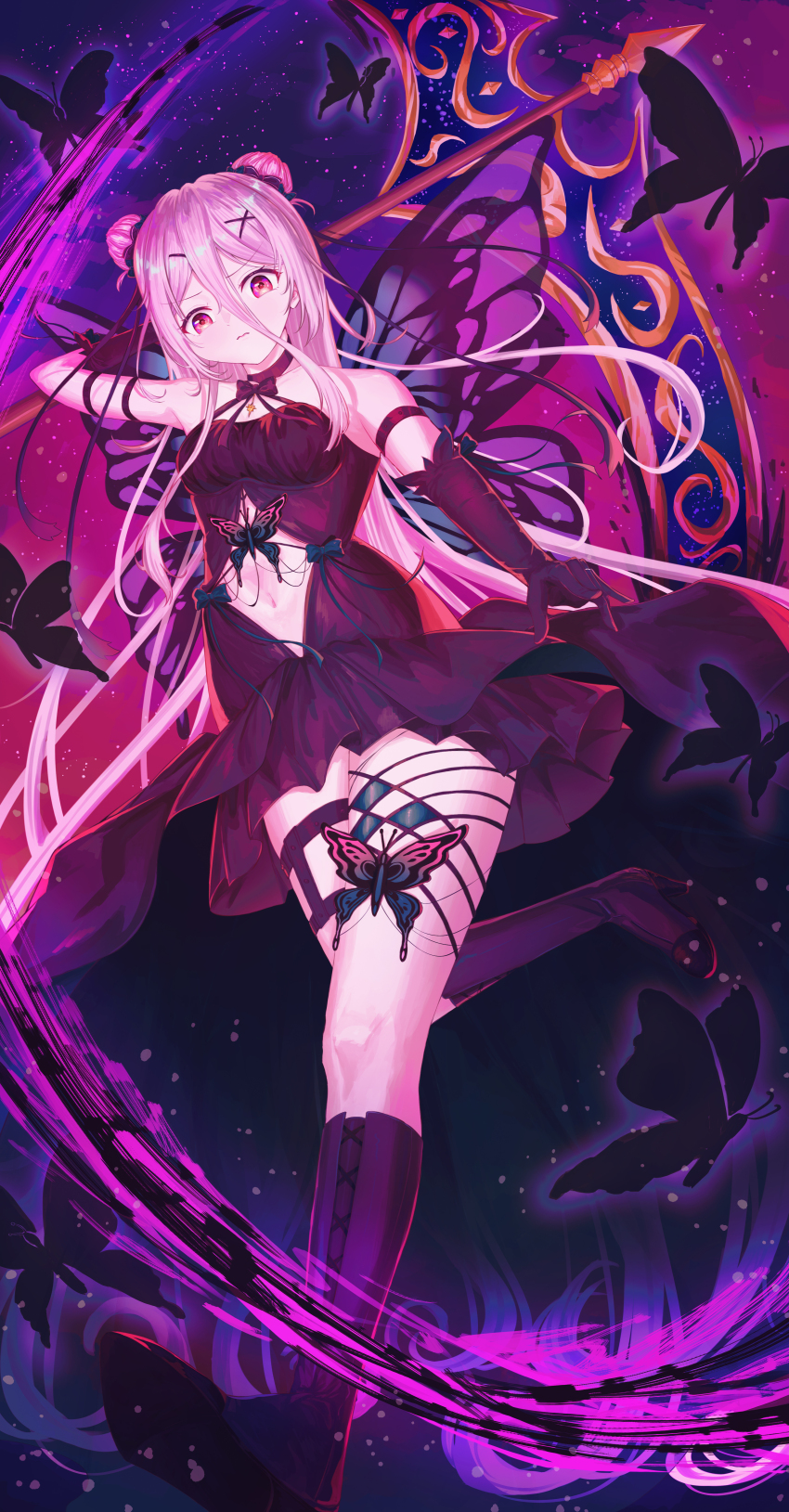 1girl 3: absurdly_long_hair absurdres arm_at_side arm_strap arm_up aura bare_shoulders black_boots black_bow black_bowtie black_butterfly black_choker black_dress black_gloves blush boots bow bowtie breasts bug butterfly butterfly_ornament chloe_rouen choker closed_mouth clothing_cutout commentary dark_aura double-parted_bangs double_bun dress dress_bow elbow_gloves energy fighting_stance foreshortening from_below full_body gloves hair_between_eyes hair_bun hair_ornament hairclip high_heels highres holding holding_scythe insect kyokkou_no_marriage light_particles long_hair looking_at_viewer looking_down medium_breasts navel navel_cutout pink_hair red_eyes scythe shoe_soles short_dress sleeveless sleeveless_dress solo standing standing_on_one_leg straight_hair sxrxri_a thigh_strap thighs tsurime v-shaped_eyebrows very_long_hair x_hair_ornament