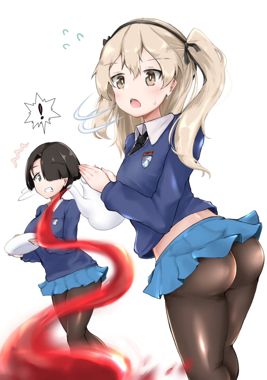 2girls ass black_hair black_pantyhose blonde_hair blush breasts brown_eyes clenched_teeth emblem girls_und_panzer green_eyes hair_over_one_eye highres long_hair microskirt multiple_girls naopon918 open_mouth pantyhose school_uniform shimada_arisu short_hair simple_background skirt small_breasts spilling st._gloriana&#039;s_(emblem) st._gloriana&#039;s_school_uniform tea teapot teeth twintails vanilla_(girls_und_panzer) white_background