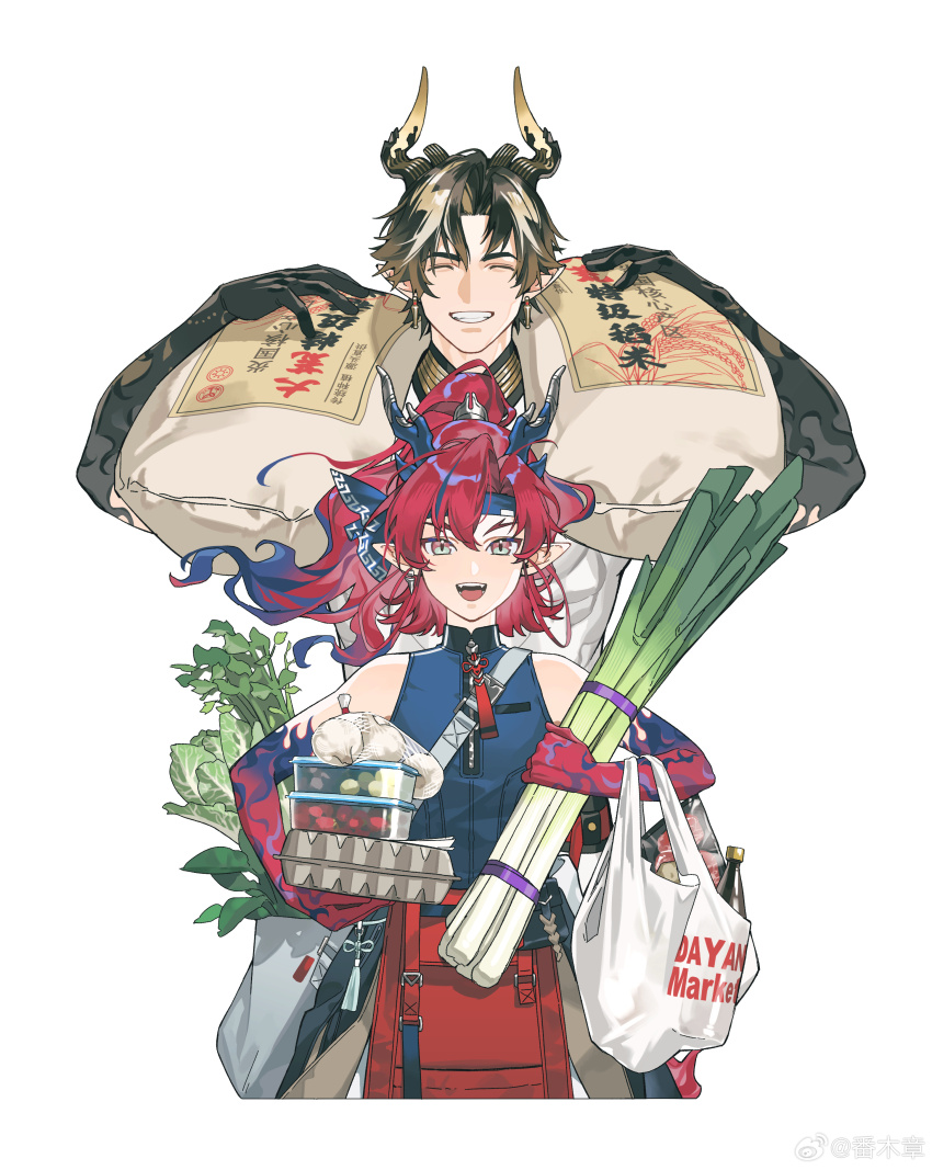 2boys ^_^ absurdres arknights bag black_hair black_skin blue_hair blue_skin bottle brothers carrying_over_shoulder chinese_commentary chongyue_(arknights) closed_eyes colored_extremities colored_skin commentary_request curled_horns dragon_boy dragon_horns earrings egg_carton facing_viewer fan_mu_zhang food garlic gradient_skin grin highres holding holding_food holding_spring_onion holding_vegetable horns jewelry looking_at_viewer male_focus multicolored_hair multiple_boys plastic_bag pointy_ears red_hair red_skin rice shirt shopping_bag siblings simple_background sleeveless sleeveless_shirt smile spring_onion straight-on streaked_hair tassel two-tone_hair vegetable watermark weibo_watermark white_background white_hair yu_(arknights)
