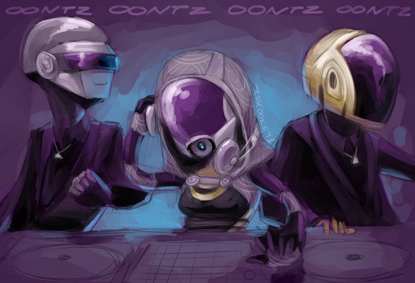 1girl 2boys crossover daft_punk dj guy_manuel_de_homem-christo headphones headphones_around_neck helmet jesscookie listening_to_music mass_effect_(series) mass_effect_1 mixing_console multiple_boys quarian tali&#039;zorah thomas_bangalter