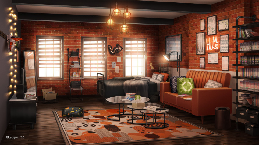 azuma_hatori basket bed bedroom blanket book book_stack bookshelf box brick_wall coffee_table controller couch cup cushion drawer dusk full-length_mirror glass_table hanging_light highres indoors jar lamp magazine_(object) mirror mug muntins mysta_rias neon_lights nijisanji nijisanji_en no_humans note official_art painting_(object) pillow poster_(object) remote_control rug scenery shelf speaker string_of_light_bulbs table tissue_box trash_can window window_blinds wooden_floor