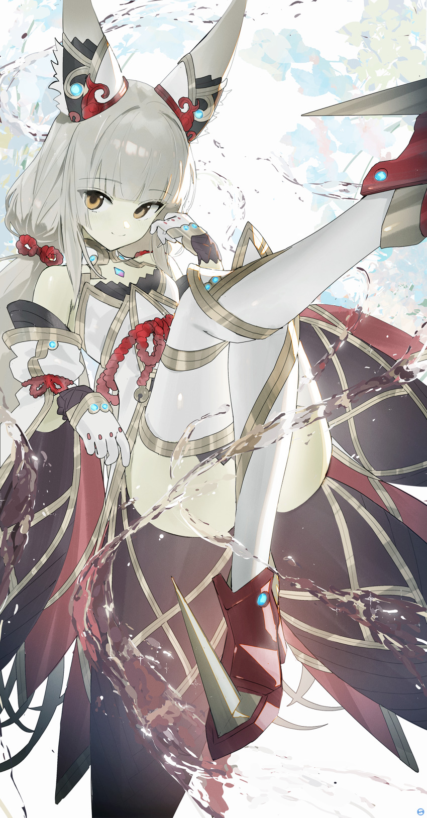 1girl absurdres animal_ear_fluff animal_ears bare_shoulders blunt_bangs brown_hair cat_ears cat_girl chest_jewel closed_mouth commentary_request detached_sleeves dress floating gloves grey_hair hair_intakes highres long_hair looking_at_viewer low_twintails nia_(xenoblade) red_rope rope shimenawa shoes smile solo songchuan_li spiked_shoes spikes thighhighs thighs twintails very_long_hair white_dress white_gloves white_thighhighs xenoblade_chronicles_(series) xenoblade_chronicles_2