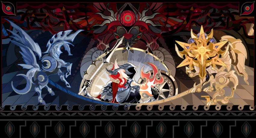 1girl absurdres aquila_(honkai:_star_rail) armor bad_link blonde_hair breastplate combat_helmet crescent dragon eye_symbol full_armor game_cg gauntlets helmet highres holding holding_polearm holding_shield holding_weapon honkai:_star_rail honkai_(series) knight lion long_hair multicolored_hair mural official_art pegasus polearm red_eyes red_hair seliose_(honkai:_star_rail) shield shoulder_armor spear sun_symbol two-tone_hair weapon