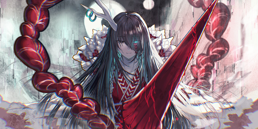 1boy absurdres aqua_eyes aqua_hair black_eyes black_hair blood chinese_clothes closed_mouth coat colored_inner_hair dragon_horns e.g.o_(project_moon) full_moon glitch glowing glowing_eye hagoromo hair_between_eyes hanfu heterochromia highres hong_lu_(project_moon) horn_ornament horn_ring horns impaled lance limbus_company long_bangs long_hair looking_at_viewer male_focus moon multicolored_hair polearm project_moon red_robe red_scales robe shawl single_horn smile solo straight-on supportasse tanpopo_hayabusa-maru upper_body very_long_hair weapon white_coat