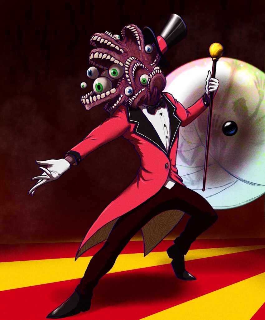2boys absurdres aengel777 bubble bubble_(the_amazing_digital_circus) caine_(the_amazing_digital_circus) cane eldritch_abomination extra_eyes extra_teeth formal_clothes gloves handprint hat highres holding holding_cane horror_(theme) multiple_boys sharp_teeth suit teeth the_amazing_digital_circus top_hat white_gloves