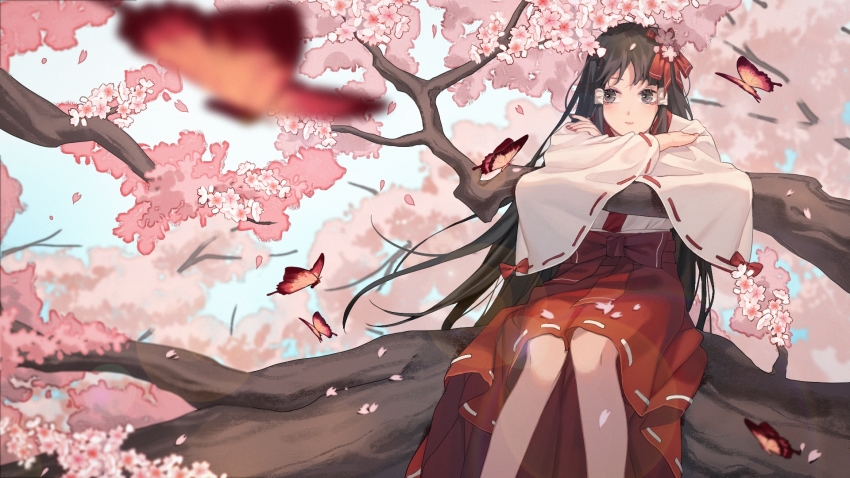 1girl black_eyes black_hair blurry blurry_background bug butterfly cherry_blossoms commentary crossed_arms day depth_of_field feet_out_of_frame female_focus fingernails flower hair_flower hair_ornament hair_ribbon hakama hakama_short_skirt hakama_skirt highres houraisan_chouko in_tree insect japanese_clothes leaning_on_object light_smile long_hair looking_to_the_side miko nail_polish original outdoors petals red_nails ribbon ribbon-trimmed_sleeves ribbon_trim sitting skirt smile solo tree very_long_hair wide_sleeves