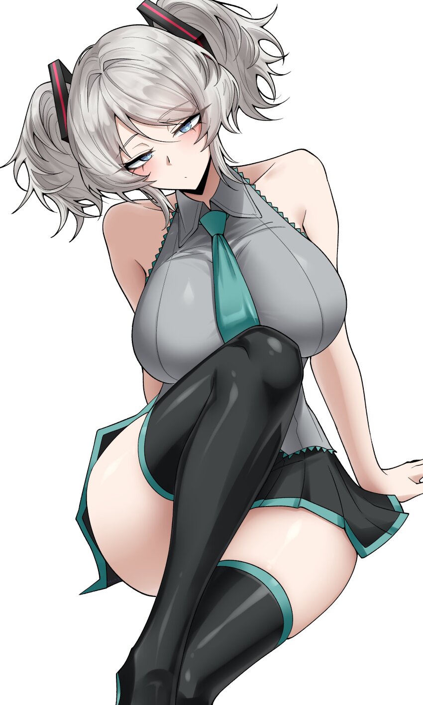 1girl absurdres aqua_necktie bare_shoulders black_skirt black_thighhighs blue_eyes blush breasts closed_mouth collared_shirt commentary cosplay english_commentary faust_(project_moon) grey_shirt hatsune_miku hatsune_miku_(cosplay) highres huge_breasts limbus_company looking_at_viewer miniskirt necktie pleated_skirt project_moon shirt short_hair short_twintails simple_background sitting skirt sleeveless sleeveless_shirt solo thick_thighs thighhighs thighs twintails vocaloid vvernerluniq white_background white_hair zettai_ryouiki