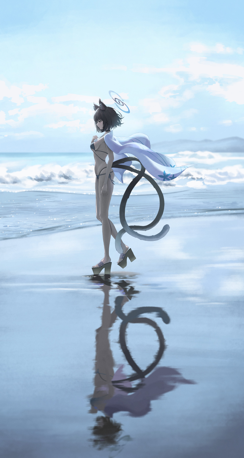 1girl 4meart0112 absurdres bikini black_bikini black_eyes black_hair blue_archive blue_bikini blue_halo commentary_request from_side full_body halo highres kikyou_(blue_archive) kikyou_(swimsuit)_(blue_archive) layered_bikini multiple_tails ocean outdoors reflective_surface solo standing swimsuit tail two_tails walking
