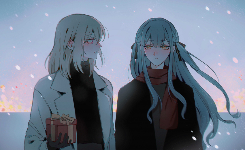 2girls bang_dream! bang_dream!_it&#039;s_mygo!!!!! black_gloves black_jacket black_sweater blonde_hair blue_hair blush commentary ear_blush gift gloves hair_ribbon jacket long_hair maybecrosswise medium_hair misumi_uika multiple_girls open_mouth purple_eyes red_scarf ribbon scarf sidelocks snow sweater togawa_sakiko white_jacket yellow_eyes