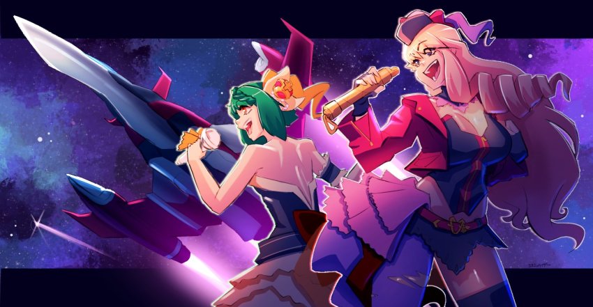 2girls aircraft airplane back black_thighhighs blonde_hair commentary cosmikaizer english_commentary fighter_jet green_hair holding holding_microphone looking_to_the_side macross macross_frontier macross_frontier:_sayonara_no_tsubasa mecha microphone military military_vehicle multiple_girls music open_mouth orange_eyes pantyhose purple_eyes purple_pantyhose ranka_lee robot sheryl_nome short_hair singing single_leg_pantyhose single_thighhigh smile space thighhighs variable_fighter yf-29