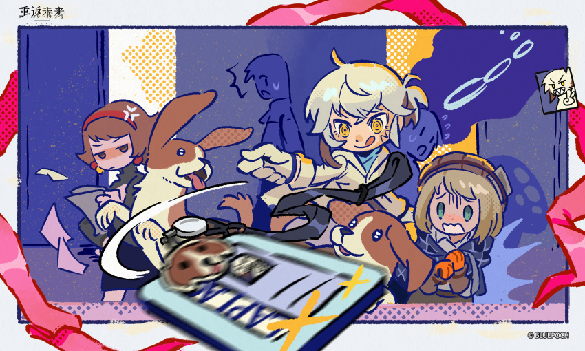 1boy 1girl 3others :/ :q ^^^ absurdres anger_vein beagle blonde_hair blue_cloak blue_eyes bob_cut border brown_eyes brown_gloves brown_hair brown_headwear chibi cloak coat copyright_name copyright_notice dog dress ezra_theodore furrowed_brow gloves grey_dress halftone highres id_card logo looking_at_animal looking_at_another medicine_pocket mesmer_jr. motion_blur multiple_others official_art outside_border people ponytail rectangular_mouth reverse:1999 short_hair short_ponytail surprised throwing tongue tongue_out white_border white_coat white_gloves white_hair yellow_eyes