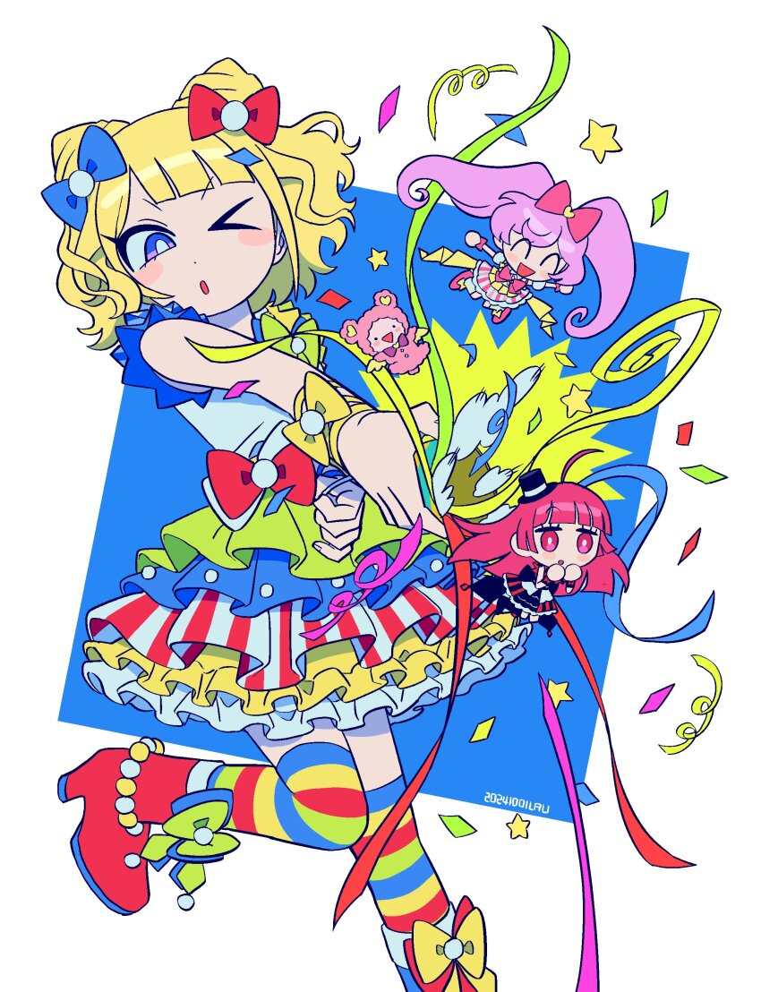 &gt;_o 1other 3girls :o ^_^ absurdres blonde_hair blue_background blue_bow blue_eyes blue_shirt blunt_bangs blush_stickers boots border bow chibi chibi_inset closed_eyes cone_hair_bun confetti dated double_bun floating_hair hair_bow hair_bun high_heel_boots high_heels highres hojo_sophy holding holding_party_popper kuma_(pripara) lau_(laustar30) layered_skirt long_hair manaka_laala minami_mirei multicolored_skirt multicolored_thighhighs multiple_girls multiple_hair_bows one_eye_closed outstretched_arms party_popper popping pretty_series pripara purple_hair red_bow red_footwear red_hair shirt short_hair simple_background skirt sleeveless sleeveless_shirt standing standing_on_one_leg streamers striped_clothes striped_skirt striped_thighhighs thighhighs twintails v-shaped_eyebrows white_border wrist_bow