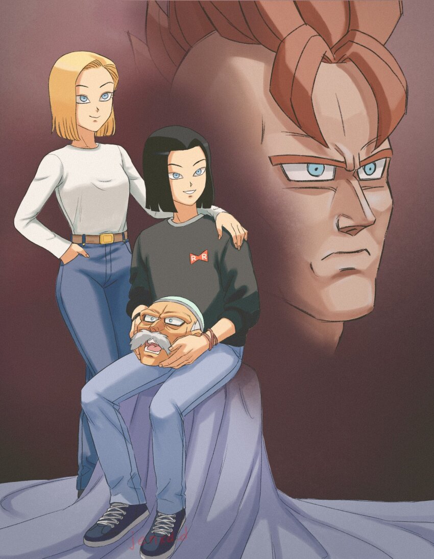1girl 3boys android_16 android_17 android_18 black_hair blonde_hair blue_eyes brother_and_sister commentary denim disembodied_head dr._gero_(dragon_ball) dragon_ball dragonball_z english_commentary facial_hair frown genniax hand_in_pocket highres jeans mohawk multiple_boys mustache open_mouth orange_hair pants red_ribbon_army shirt siblings signature sitting smile twins white_shirt