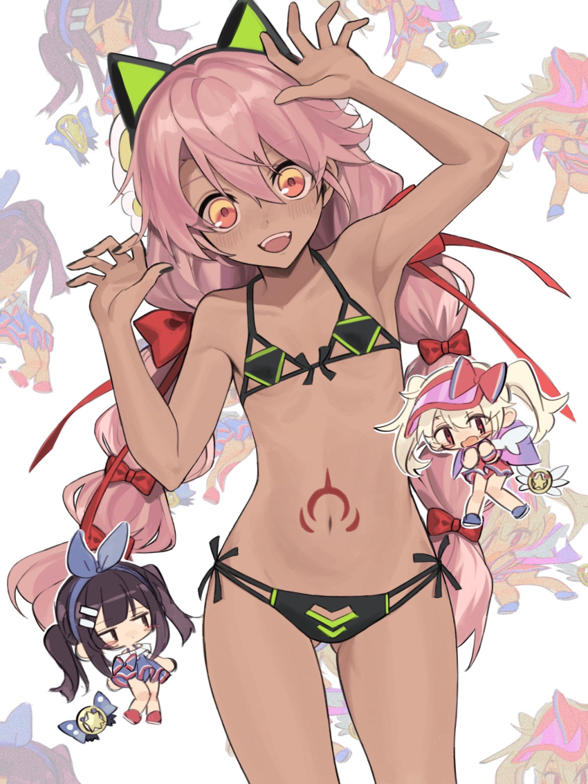 3girls :d ameman animal_ear_hairband animal_ears arm_up armpits bare_arms bare_legs bare_shoulders bikini black_bikini black_hair black_hairband black_nails blonde_hair blue_hairband bow braid chibi chloe_von_einzbern chloe_von_einzbern_(swimsuit_avenger)_(second_ascension) commentary_request costume_request cowboy_shot dark-skinned_female dark_skin fake_animal_ears fate/grand_order fate/kaleid_liner_prisma_illya fate_(series) flat_chest front-tie_bikini_top front-tie_top gluteal_fold hair_between_eyes hair_bow hair_ornament hairband hairclip heart heart-shaped_pupils highres illyasviel_von_einzbern illyasviel_von_einzbern_(swimsuit_archer) illyasviel_von_einzbern_(swimsuit_archer)_(second_ascension) jitome long_hair looking_at_viewer magical_ruby magical_sapphire miyu_edelfelt multi-tied_hair multiple_girls nail_polish navel official_alternate_costume open_mouth orange_eyes pink_hair red_bow side-tie_bikini_bottom simple_background smile solo_focus stomach stomach_tattoo string_bikini swimsuit symbol-shaped_pupils tattoo twin_braids twintails very_long_hair visor_cap white_background